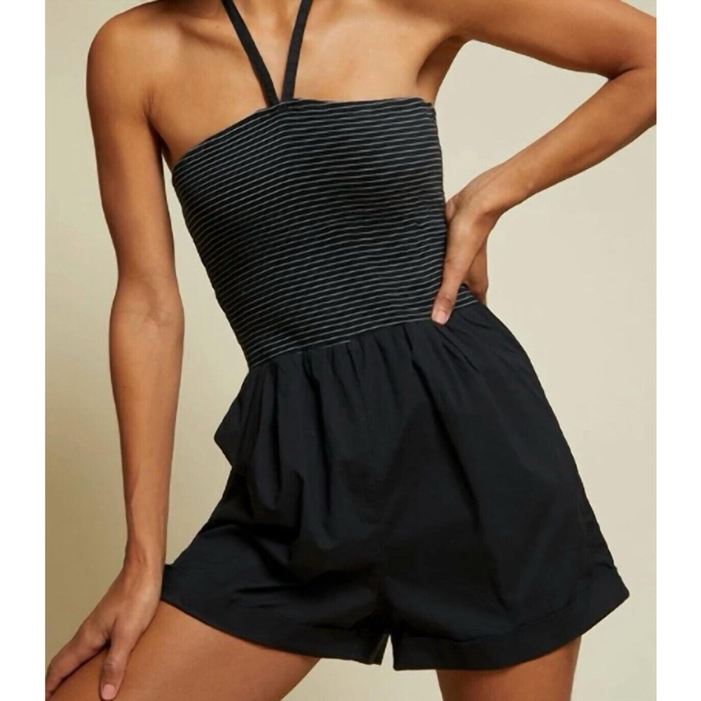 Nation‎ LTD Smocked Stripe Blondie Cotton Poplin Halter Romper | Black | Medium